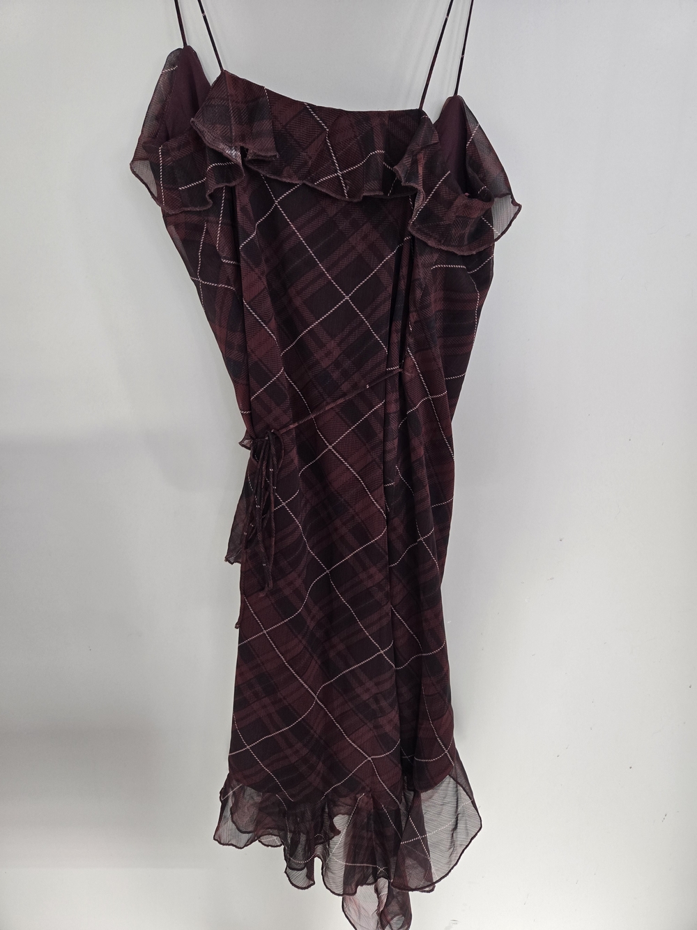 Beivy Asymmetric Ruffle Wrap Dress in Burgundy Plaid Small - Picture 4 of 7